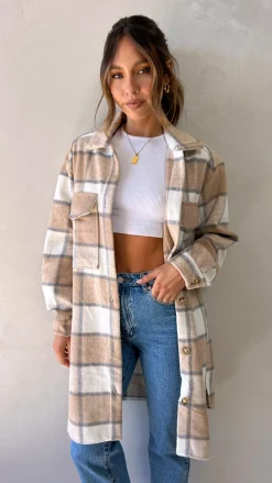 Iris Maxi Jackets|Outerwear^Saskia Jacket - Beige/Cream Check
