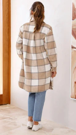 Iris Maxi Jackets|Outerwear^Saskia Jacket - Beige/Cream Check