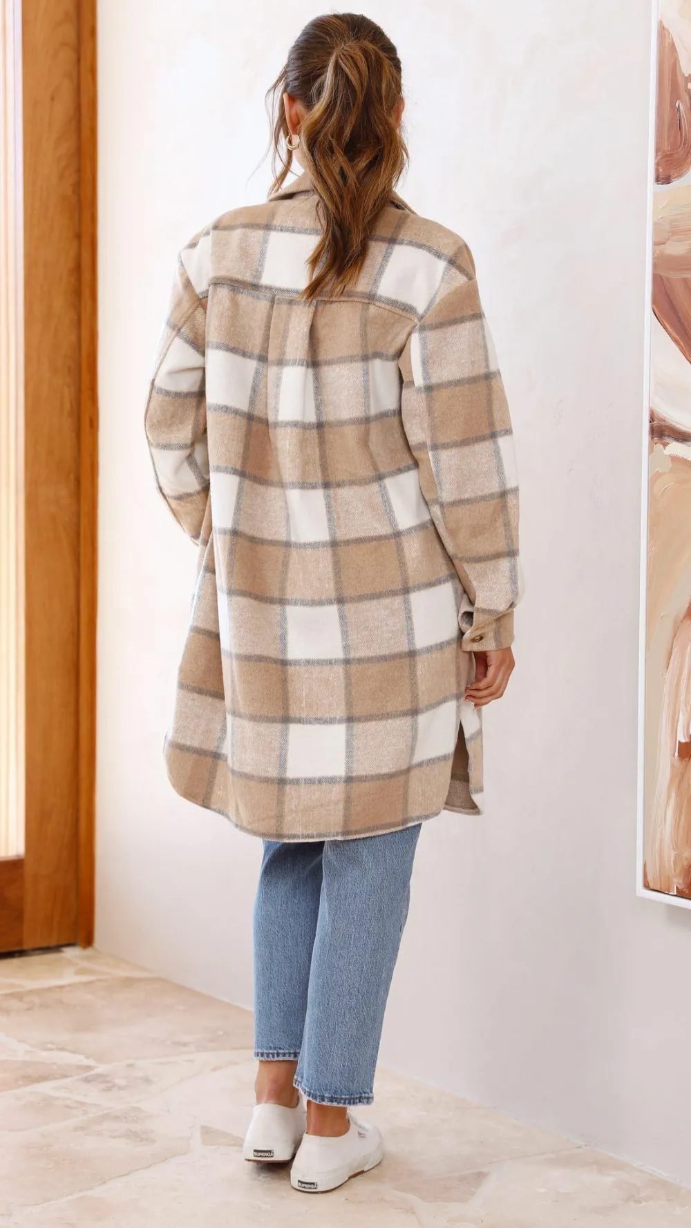Iris Maxi Jackets|Outerwear^Saskia Jacket - Beige/Cream Check