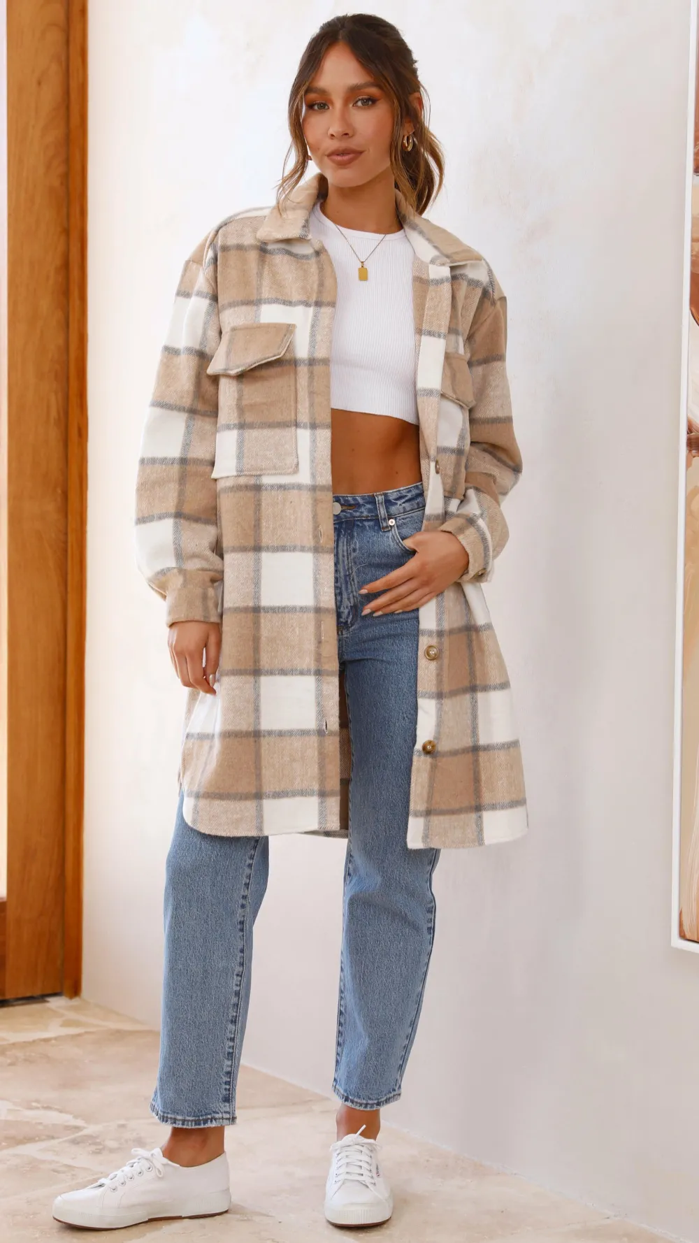 Iris Maxi Jackets|Outerwear^Saskia Jacket - Beige/Cream Check