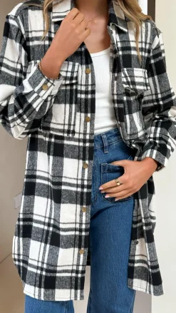 Iris Maxi Jackets|Outerwear^Saskia Jacket - Black/Cream Check