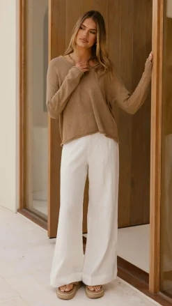 Little Lies Knit Tops|Knitwear^Spring Scoop Neck Long Sleeve Top - Taupe