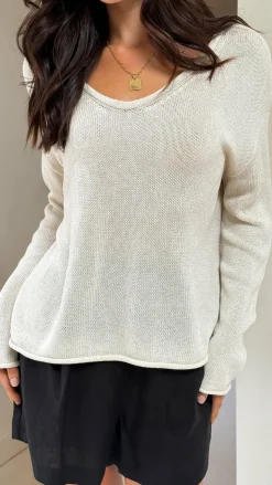Little Lies Knit Tops|Knitwear^Spring Scoop Neck Long Sleeve Top - Natural