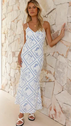 By Frankie Sale Dresses^Sylvia Midi Dress - Chilli Cactus - White/Blue
