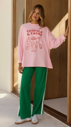 By Frankie Sets|Bottoms^Tequila and Tacos Long Sleeve Top and Pants Set - Pink / Green
