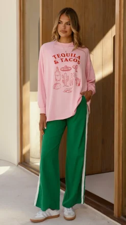 By Frankie Sets|Bottoms^Tequila and Tacos Long Sleeve Top and Pants Set - Pink / Green