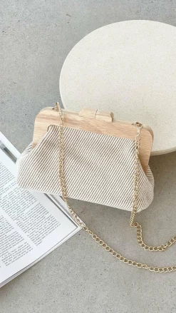 Adorne Bags|Bump Friendly^Tessa Fabric Weave Timber Frame Clutch - Camel / Natural