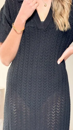LILYWHYT Knit Dresses|Knitwear^Tiffy Crochet Short Sleeve Maxi Dress - Black