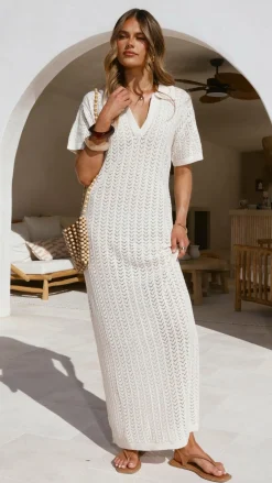 LILYWHYT Knit Dresses|Knitwear^Tiffy Crochet Short Sleeve Maxi Dress - White