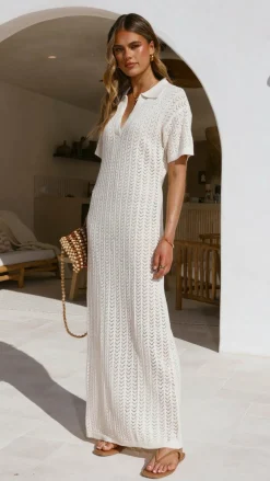 LILYWHYT Knit Dresses|Knitwear^Tiffy Crochet Short Sleeve Maxi Dress - White