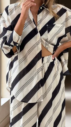LILYWHYT Sets|Tops^Torrey Button Up Long Sleeve Shirt - Black/Cream