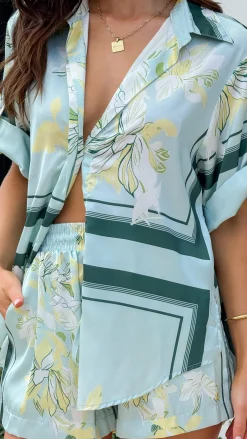 YH AND CO Sets|Tops^Vallerie Button Up Shirt - Aqua/Yellow Print
