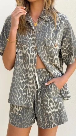 By Frankie Sets|Bottoms^Vasila Button Up Shirt and Shorts Set - Light Leopard Print