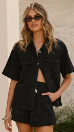 By Frankie Bottoms|Tops^Vasila Button Up Shirt and Shorts Set - Black