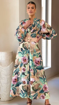 Bubblegum Dresses|Maxi^Veronica Button Down Maxi Dress - Mocha Rose Donatella