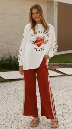 By Frankie Sets|Bottoms^Wandering Heart Long Sleeve Top and Pants Set - Dark Red