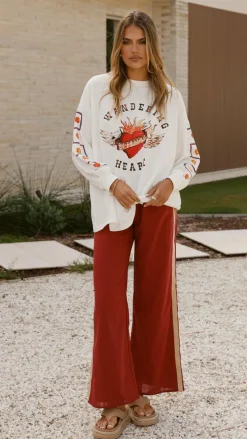 By Frankie Sets|Bottoms^Wandering Heart Long Sleeve Top and Pants Set - Dark Red