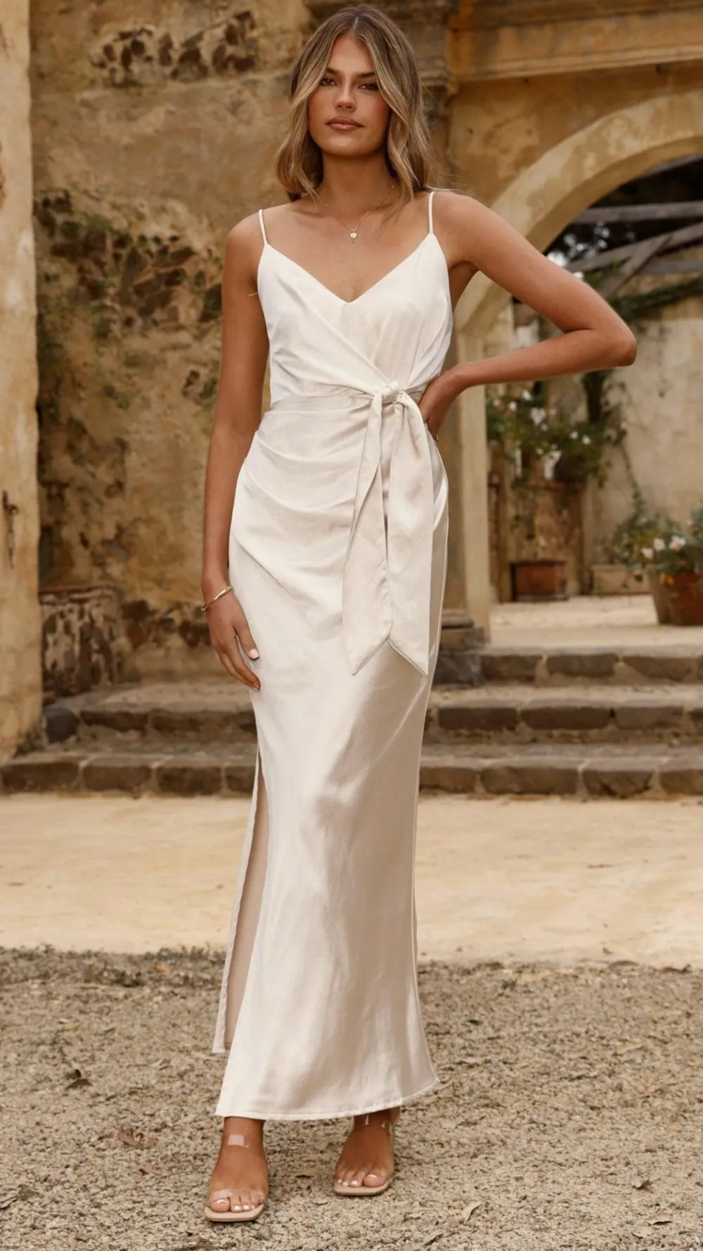 LILYWHYT Mon Cheri|Dresses^Yasmeen Tie Front Maxi Dress - Champagne