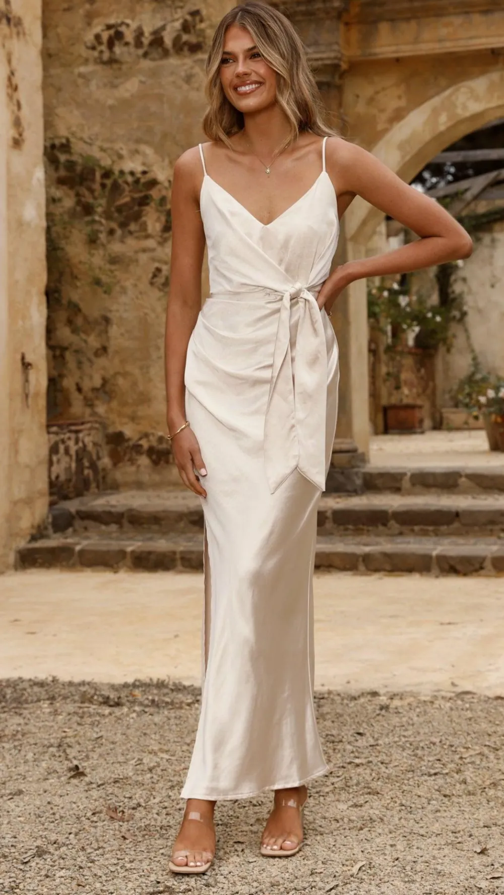 LILYWHYT Mon Cheri|Dresses^Yasmeen Tie Front Maxi Dress - Champagne