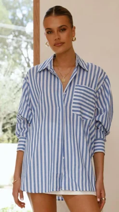 YH AND CO Tops^Zoah Long Sleeve Button Up Shirt - Blue/White Stripe