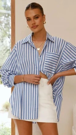 YH AND CO Tops^Zoah Long Sleeve Button Up Shirt - Blue/White Stripe