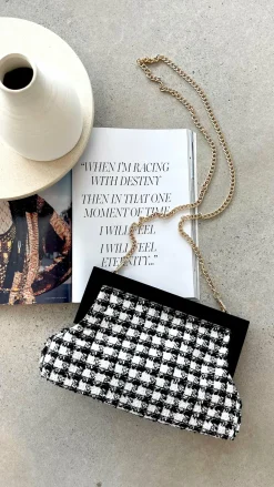 Angel Whisper Bags^Zoey Boucle Timber Frame Clutch - Black/White
